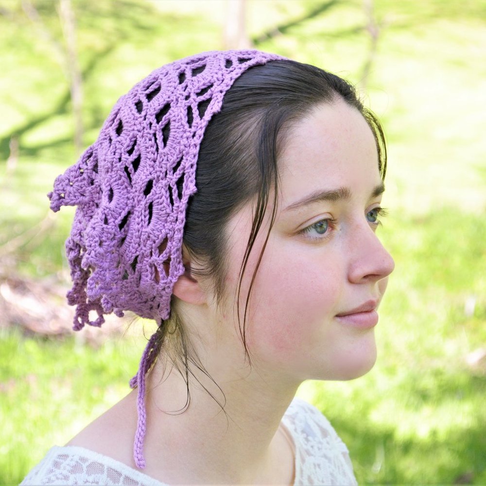 Crochet headscarf for women made of bamboo and cotton, kerchief head bandana